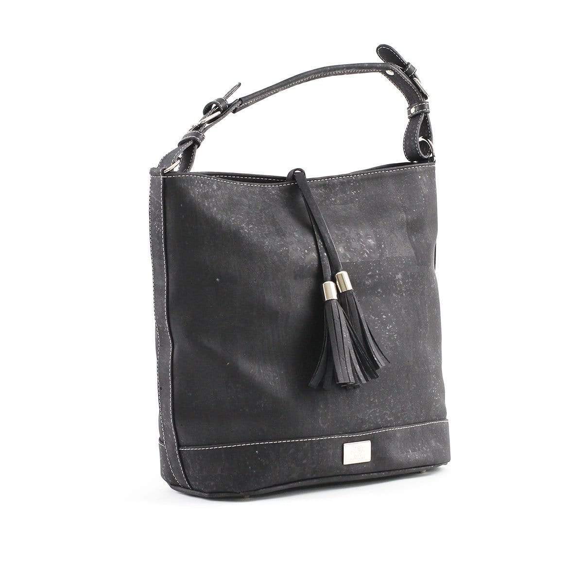 Julia cork hobo handbag in black with gold brassware. With a strap so that this bag can be worn as a crossbody.