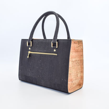 Not Just For Vegans Carolyna Cork Satchel Bag in Natural and Black. This bag is made from cork leather and is vegan and cruelty free.