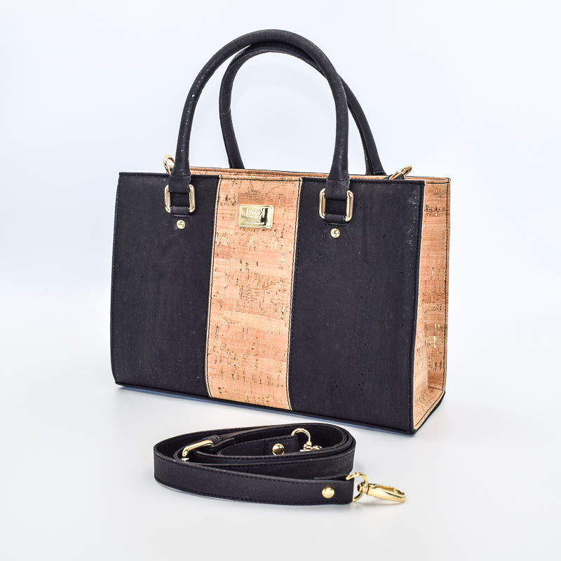 Not Just For Vegans Carolyna Cork Satchel Bag in Natural and Black. This bag is made from cork leather and is vegan and cruelty free.