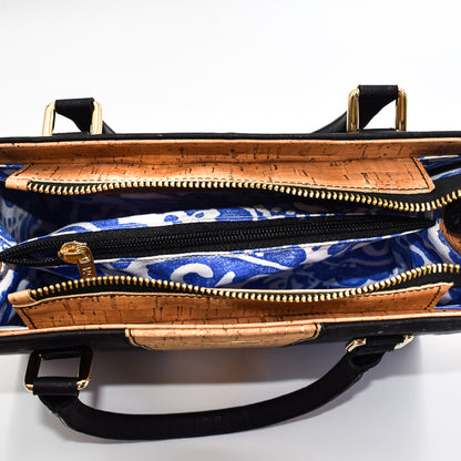 Not Just For Vegans Carolyna Cork Satchel Bag in Natural and Black. This bag is made from cork leather and is vegan and cruelty free.