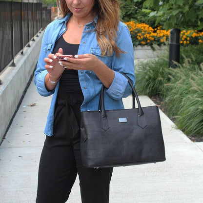 Eduarda vegan cork leather satchel bag in navy with gold hardware. Cruelty free and peta approved. 