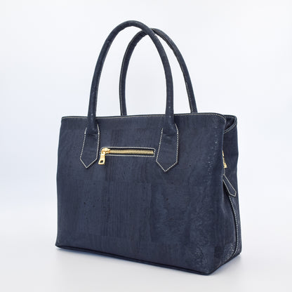 Eduarda vegan cork leather navy satchel bag in navy with gold hardware. Cruelty free and peta approved. 
