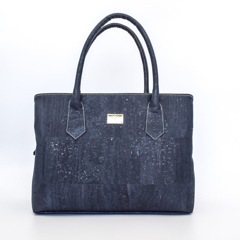 Eduarda vegan cork leather navy satchel bag in navy with gold hardware. Cruelty free and peta approved. 
