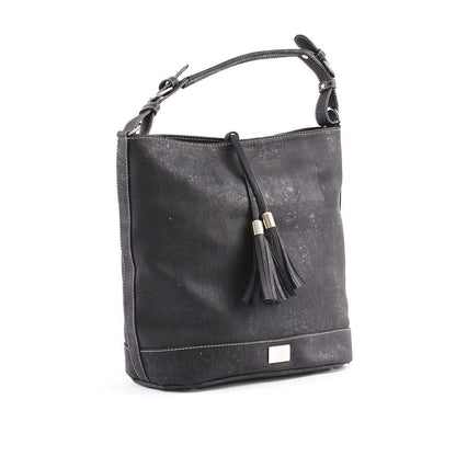 Julia cork hobo handbag in black with gold brassware. With a strap so that this bag can be worn as a crossbody.