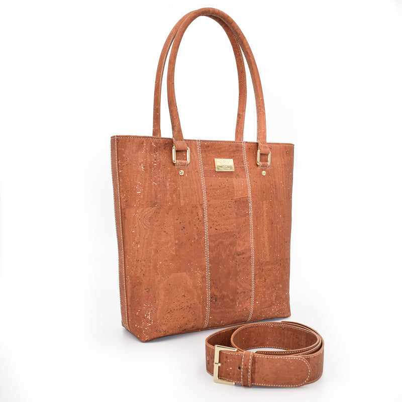 Marge medium tote bag in salted caramel colour. Strap included which allow the bad to be a cross body as well. Made from cork leather and is vegan and peta approved.