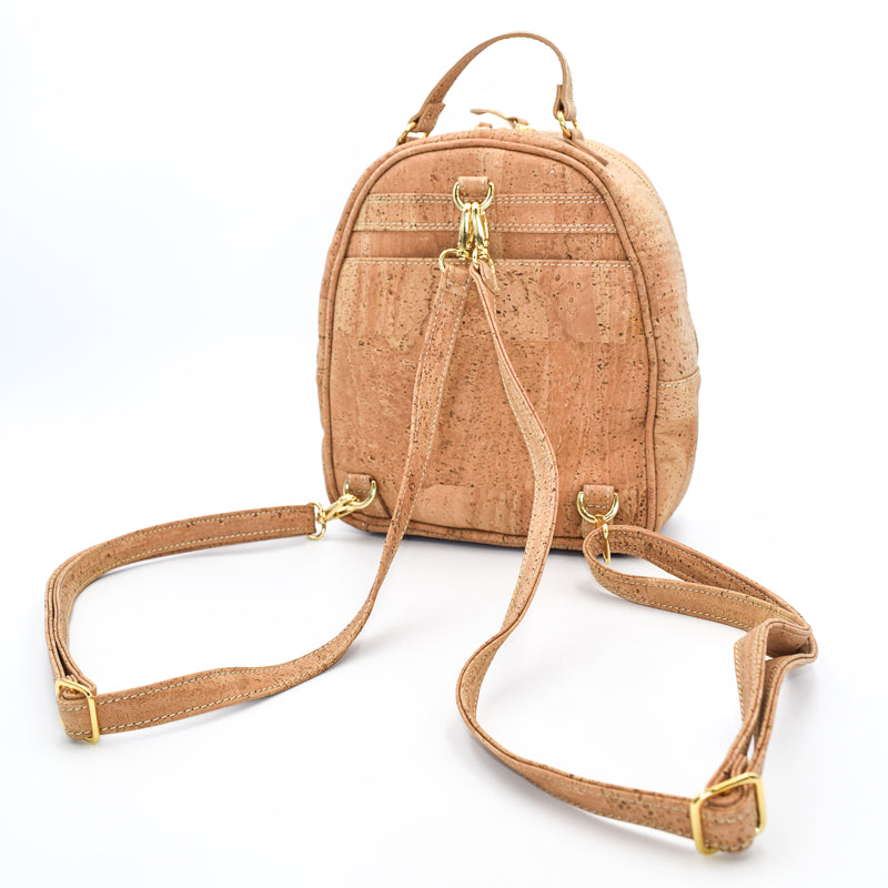 The Taylor backpack is made from cork leather and is vegan and peta approved. Shown in natural colour with gold hardware. Can be worn over shoulder or even as a crossbody as well as a backpack.