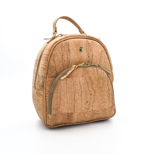 The Taylor backpack is made from cork leather and is vegan and peta approved. Shown in natural colour with gold hardware. Can be worn over shoulder or even as a crossbody as well as a backpack.