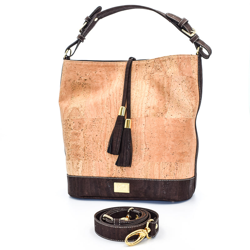 Julia cork hobo handbag in natural and brown colour with gold brassware. With a strap so that this bag can be worn as a crossbody.